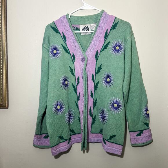 Storybook Knits Sweaters - Vtg Storybook Knits Pastel Flower Cardigan Purple Green Cottagecore Large 90s